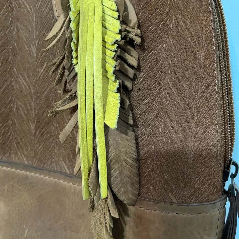 Velez Camel Brown Genuine Leather Suede Feather design top handle zip close bag